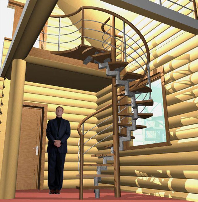 3D визуализация интерьера деревянного дома с лестницей Amurles.ru